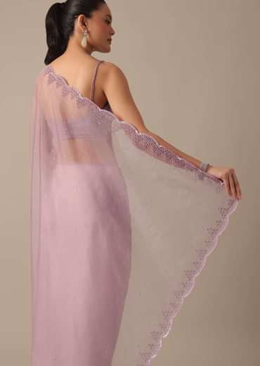 Purple Organza Saree with Embellished Border and Unstitched Blouse Piece
