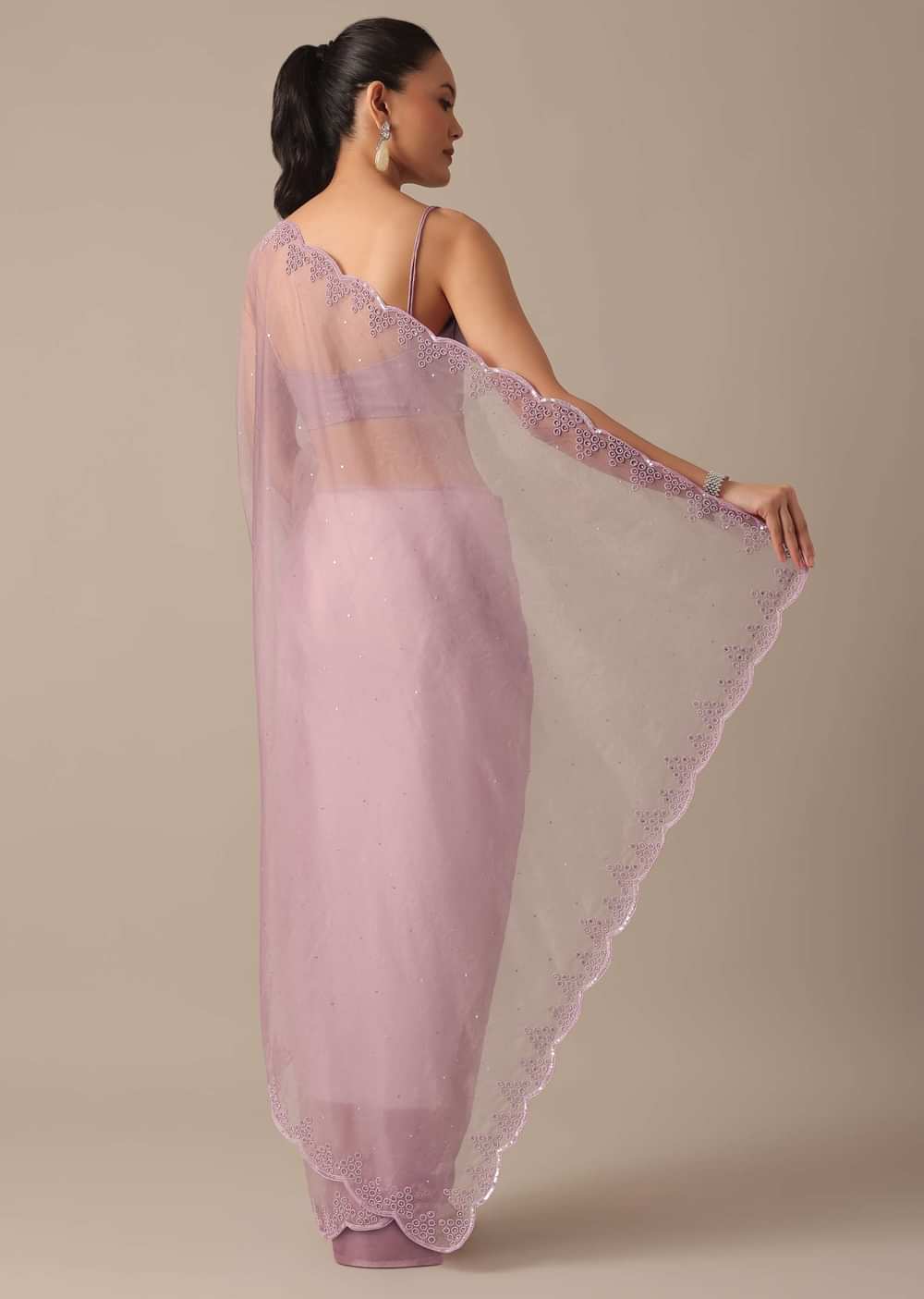 Purple Organza Saree with Embellished Border and Unstitched Blouse Piece