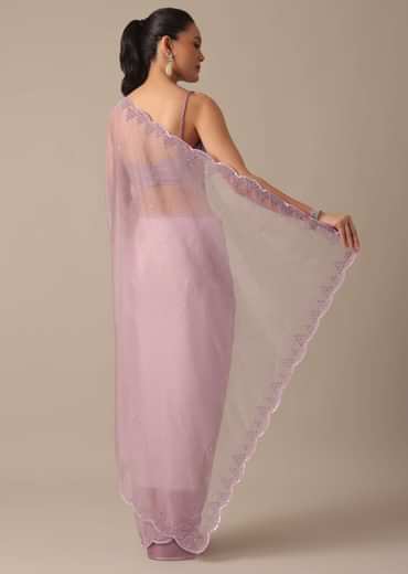 Purple Organza Saree with Embellished Border and Unstitched Blouse Piece