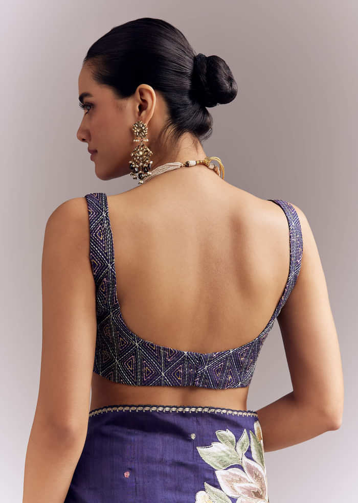 Purple Organza Silk Saree With Floral Embroidery And Cutwork