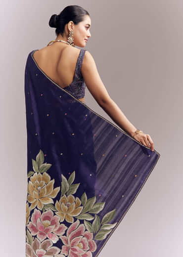 Purple Organza Silk Saree With Floral Embroidery And Cutwork Purple Organza Silk Saree With Floral Embroidery And Cutwork