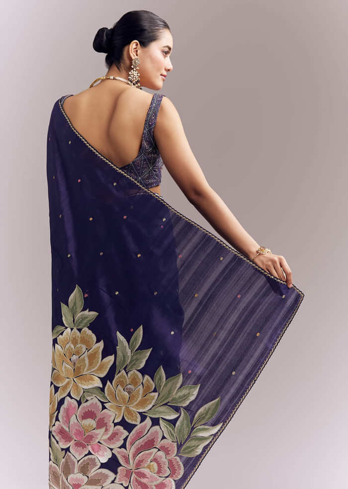 Purple Organza Silk Saree With Floral Embroidery And Cutwork