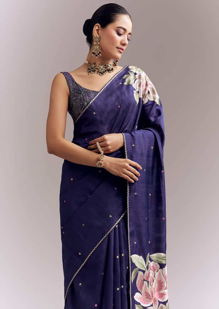Purple Organza Silk Saree With Floral Embroidery And Cutwork