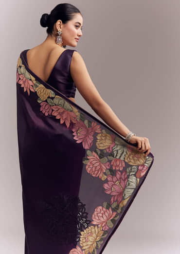 Purple Organza Silk Saree With Floral Resham Embroidery And Cutwork Purple Organza Silk Saree With Floral Resham Embroidery And Cutwork