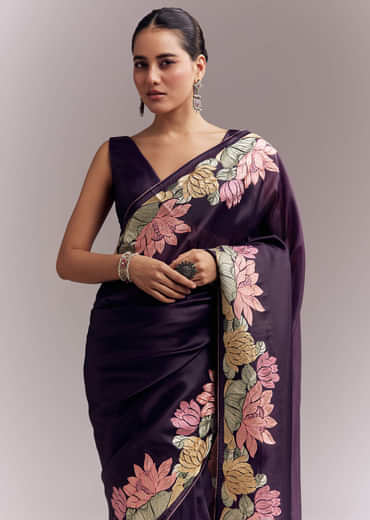 Purple Organza Silk Saree With Floral Resham Embroidery And Cutwork Purple Organza Silk Saree With Floral Resham Embroidery And Cutwork
