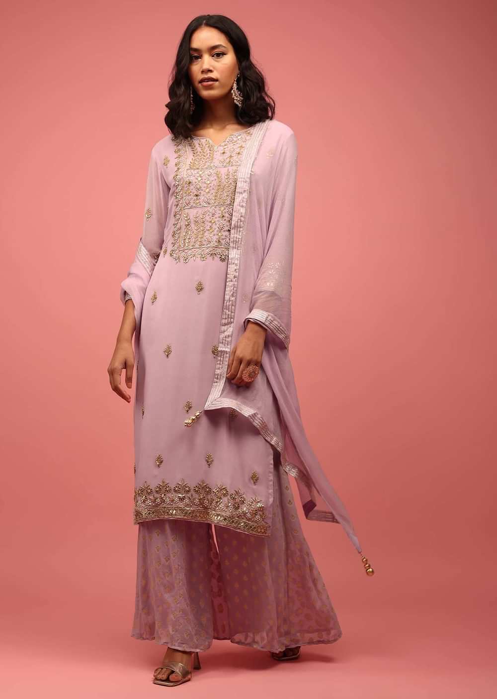 Lavender Purple Palazzo Suit Set Hand Embroidered In Georgette With Embroidery