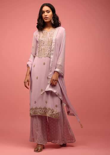 Lavender Purple Palazzo Suit Set Hand Embroidered In Georgette With Embroidery