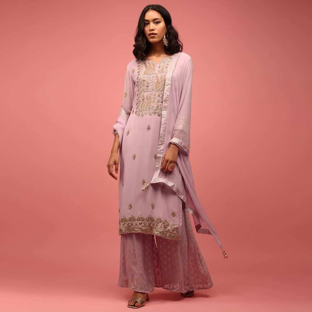 Lavender Purple Palazzo Suit Set Hand Embroidered In Georgette With Embroidery