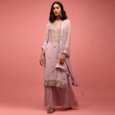 Lavender Purple Palazzo Suit Set Hand Embroidered In Georgette With Embroidery