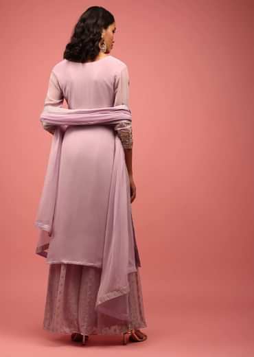 Lavender Purple Palazzo Suit Set Hand Embroidered In Georgette With Embroidery