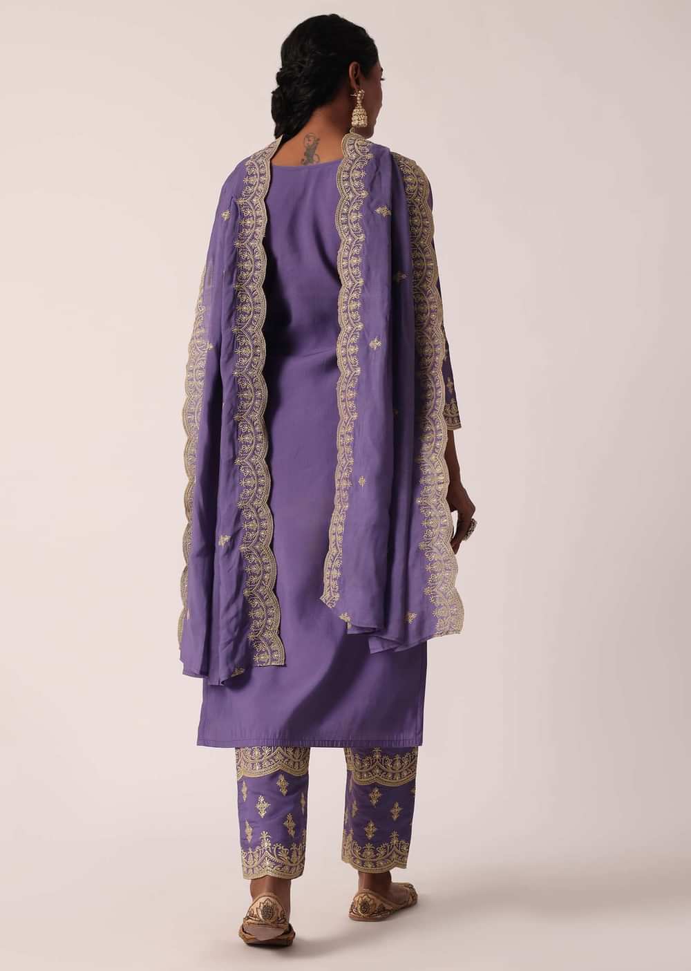 Purple Pant Set In Chanderi With Embroidered Kurta