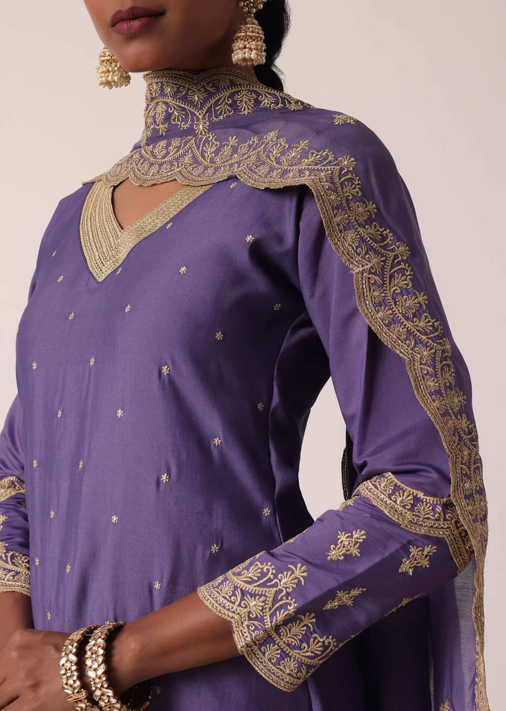 Purple Pant Set In Chanderi With Embroidered Kurta