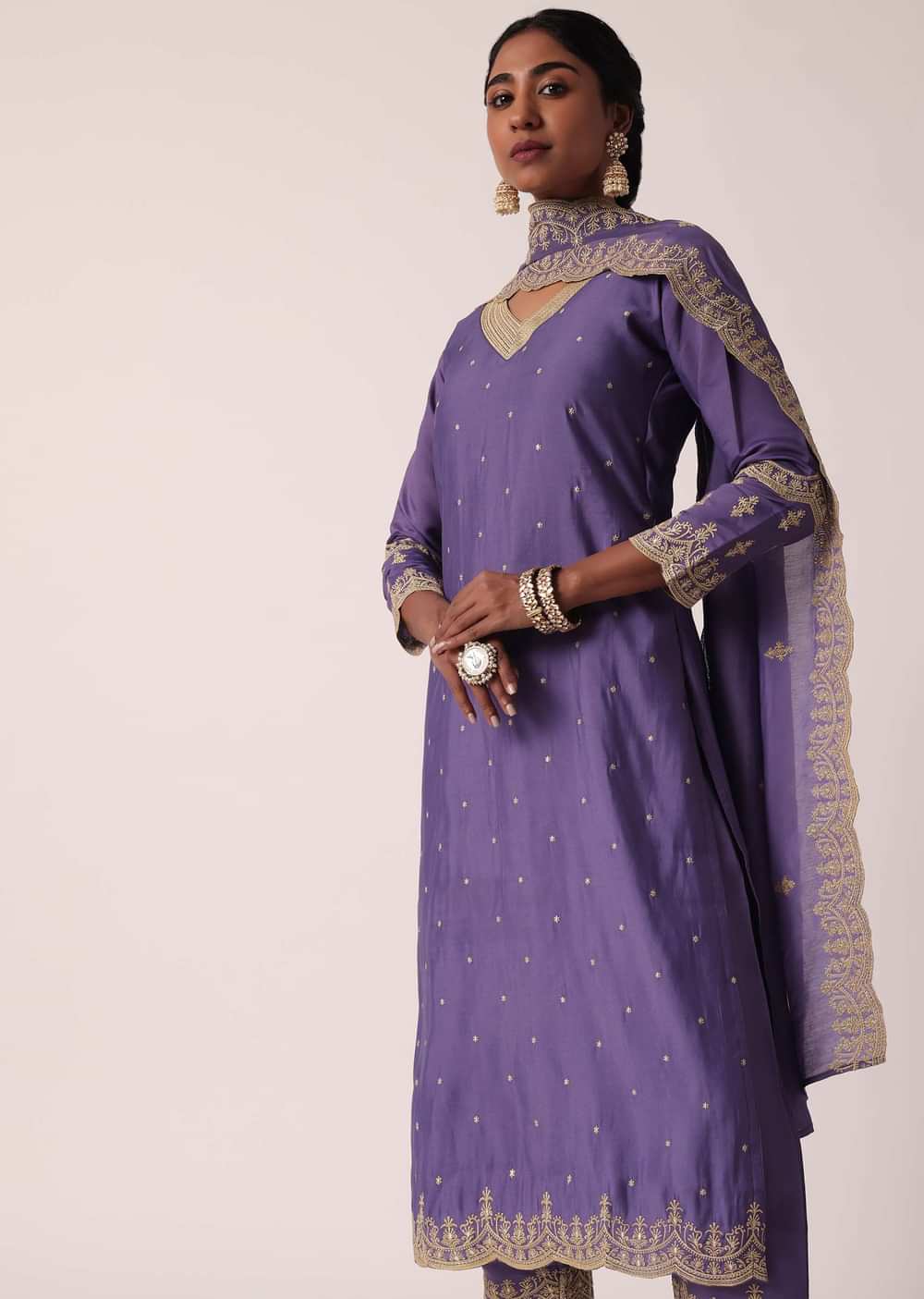 Purple Pant Set In Chanderi With Embroidered Kurta