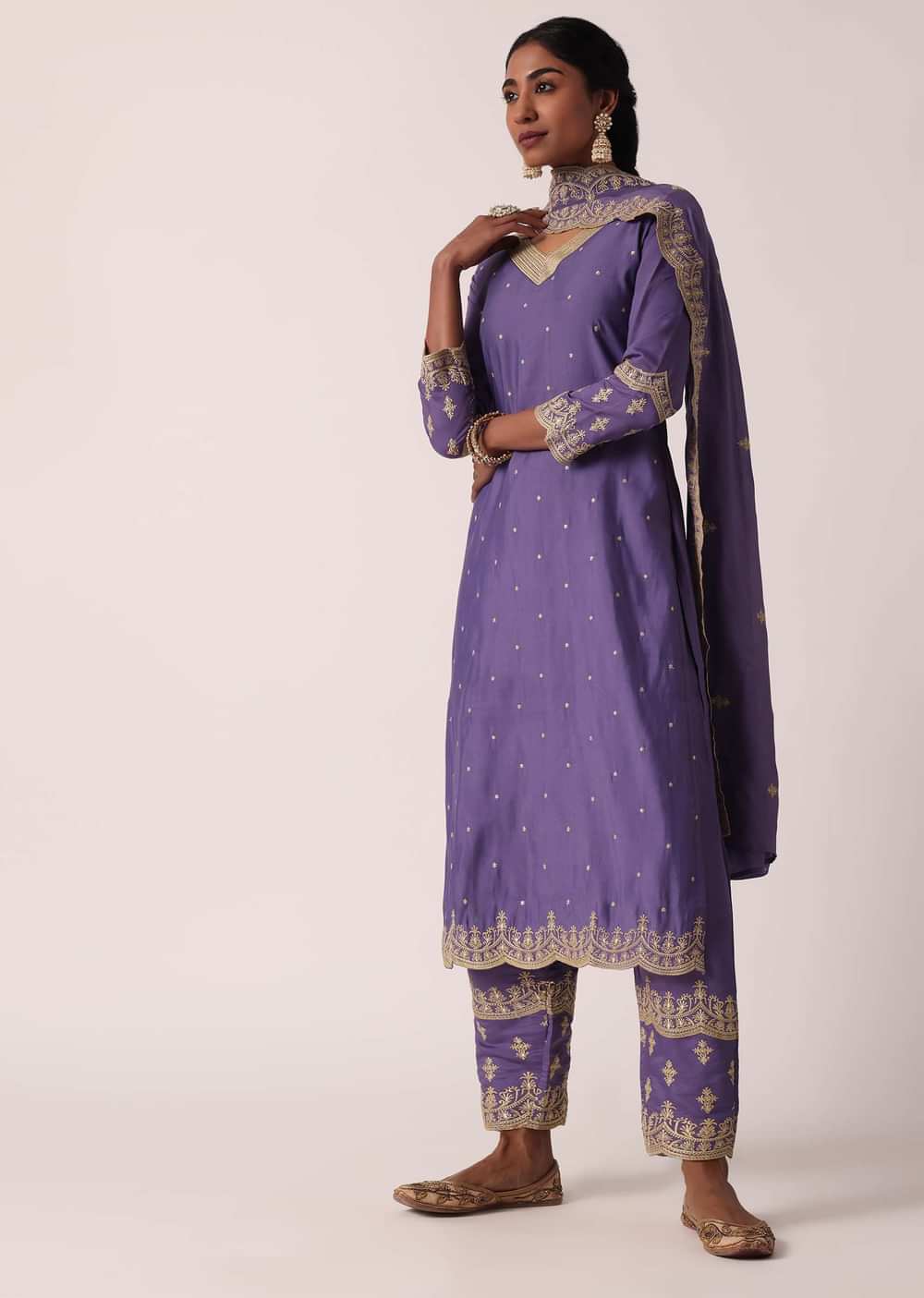 Purple Pant Set In Chanderi With Embroidered Kurta