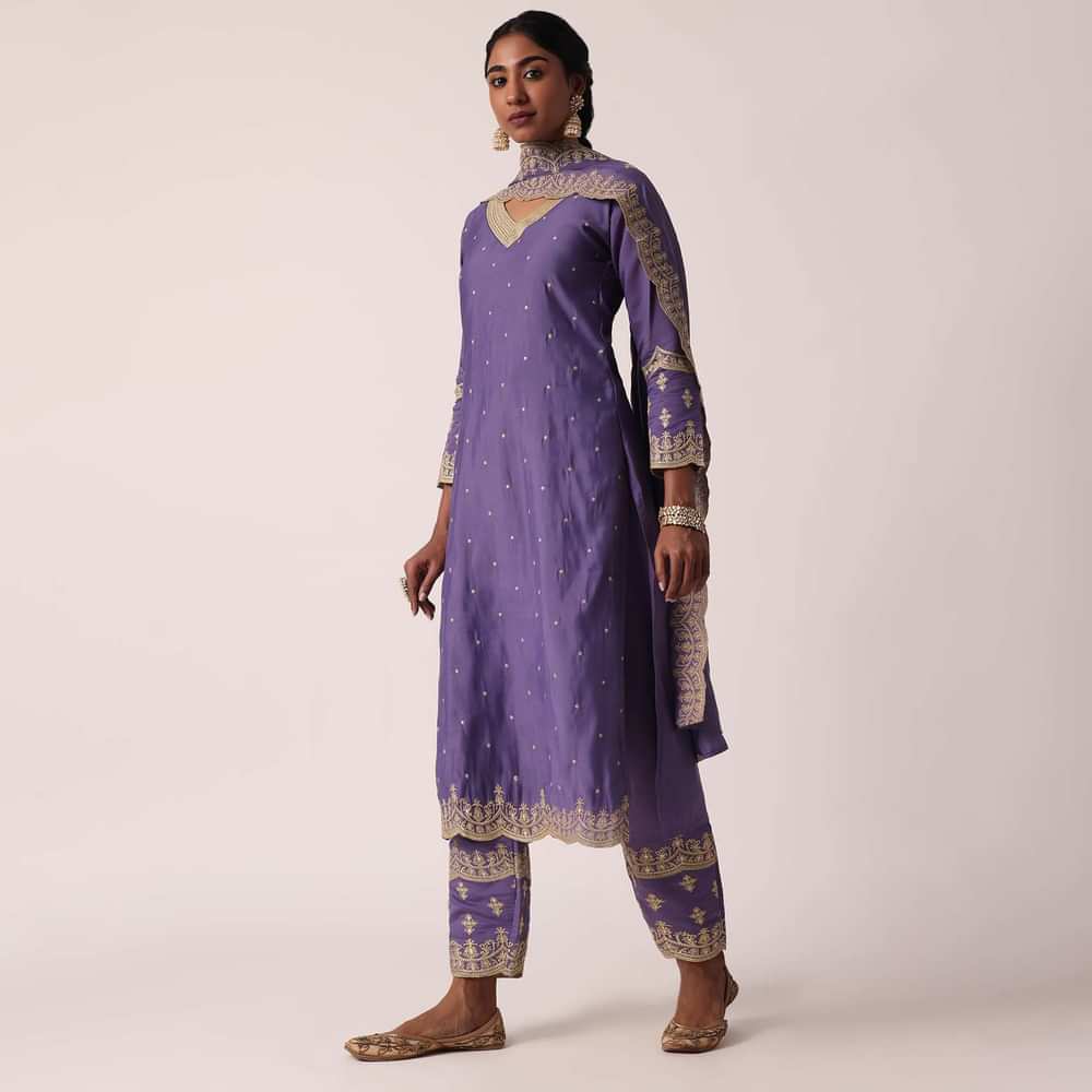 Purple Pant Set In Chanderi With Embroidered Kurta