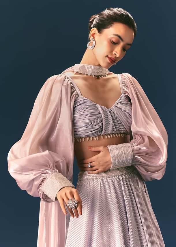 Purple Pre-Pleated Lehenga And Blouse Set With Choker Dupatta