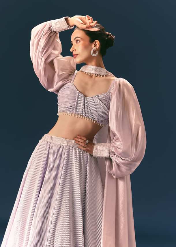 Purple Pre-Pleated Lehenga And Blouse Set With Choker Dupatta