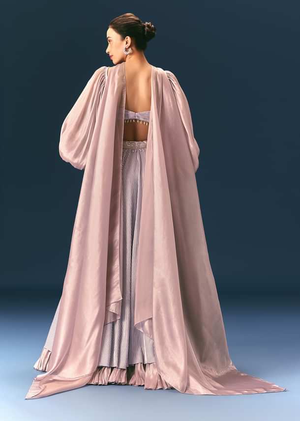 Purple Pre-Pleated Lehenga And Blouse Set With Choker Dupatta