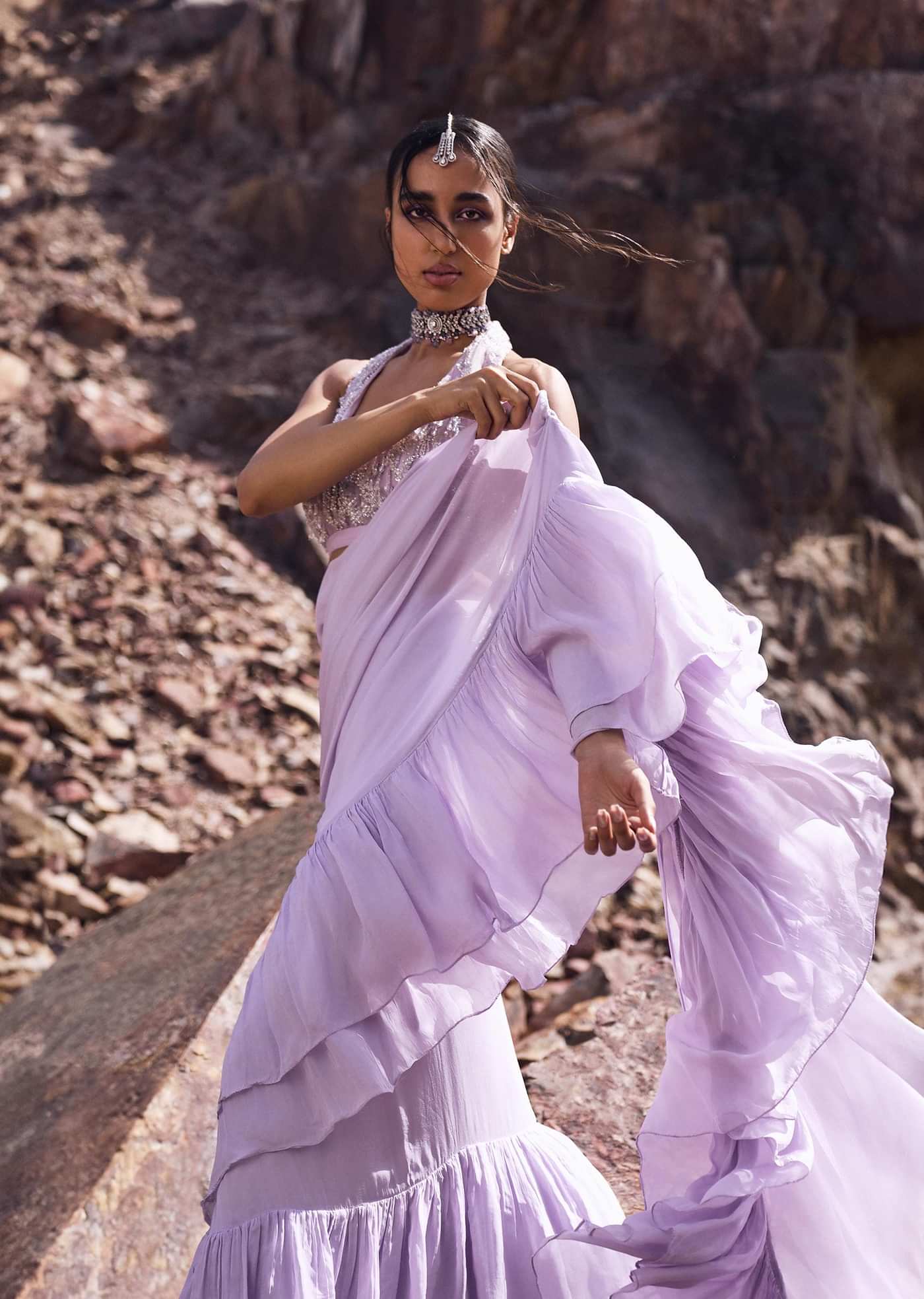 Purple Pre Stitched Frill Saree With Blouse