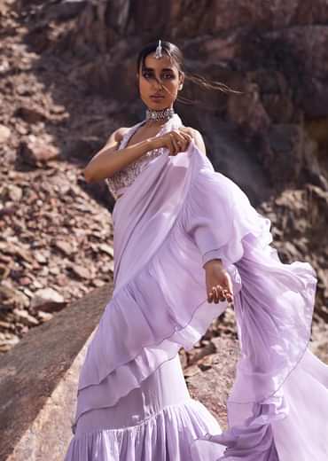 Purple Pre Stitched Frill Saree With Blouse