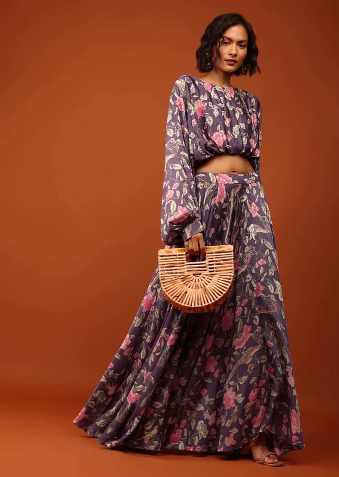 Purple Print Crop Top And Lehenga in U Neckline & Full Balloon Sleeves With Embellishment