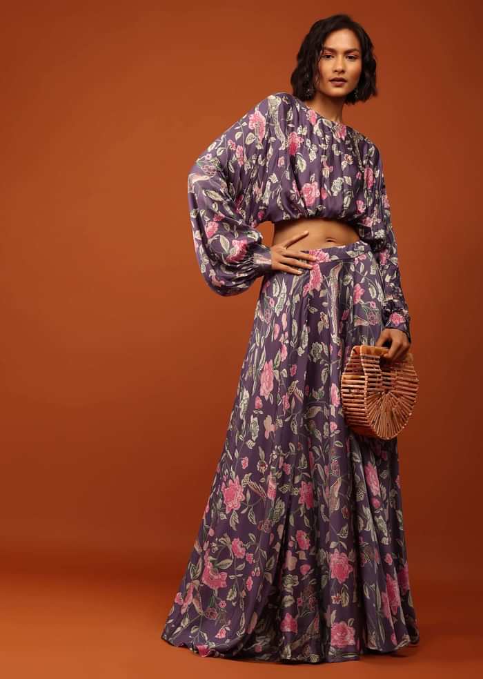 Purple Print Crop Top And Lehenga in U Neckline & Full Balloon Sleeves With Embellishment