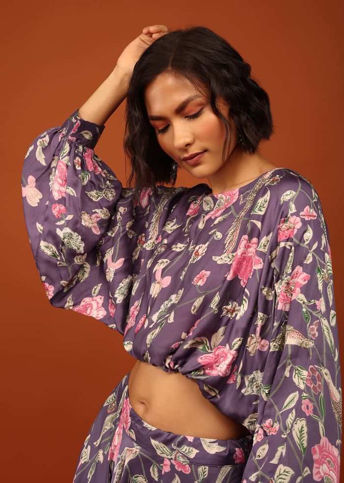 Purple Print Crop Top And Lehenga in U Neckline & Full Balloon Sleeves With Embellishment