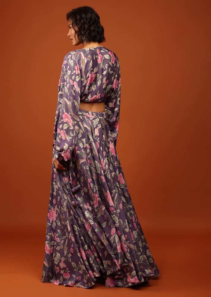 Purple Print Crop Top And Lehenga in U Neckline & Full Balloon Sleeves With Embellishment