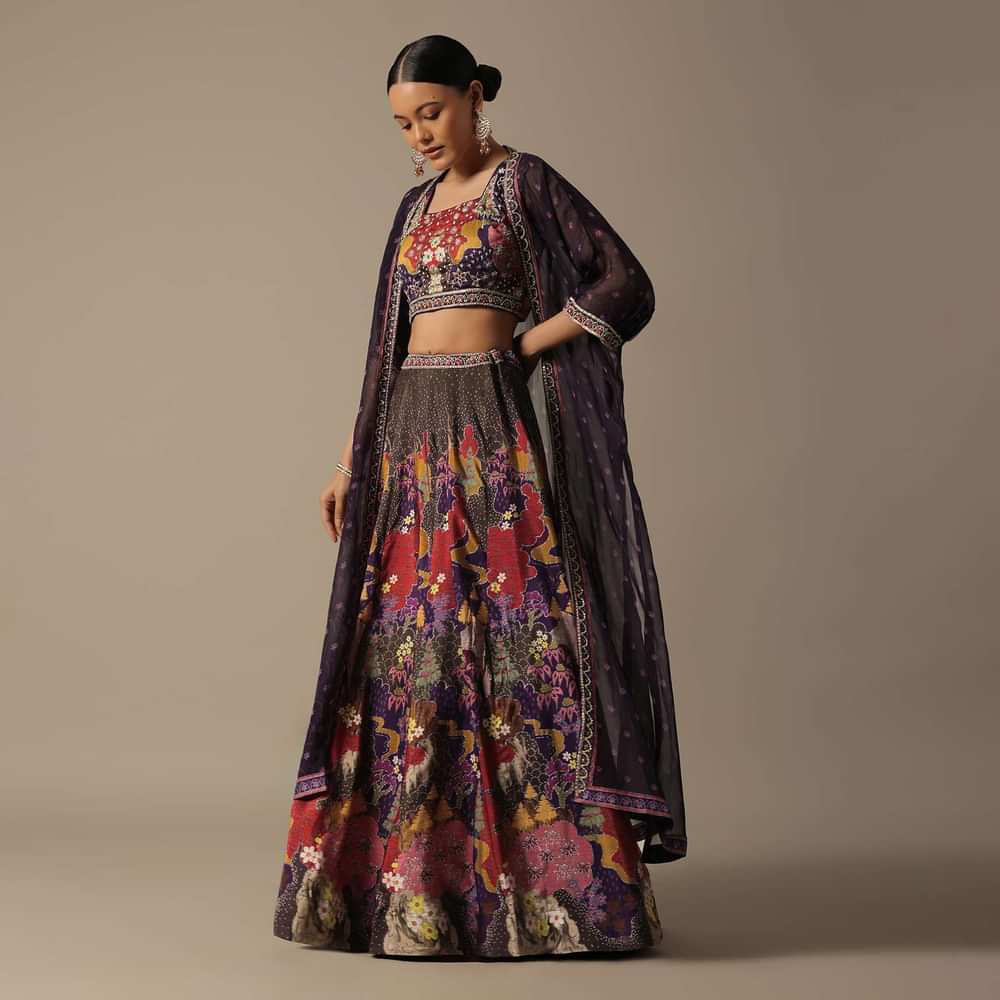 Purple Printed Lehenga Set With Jacket