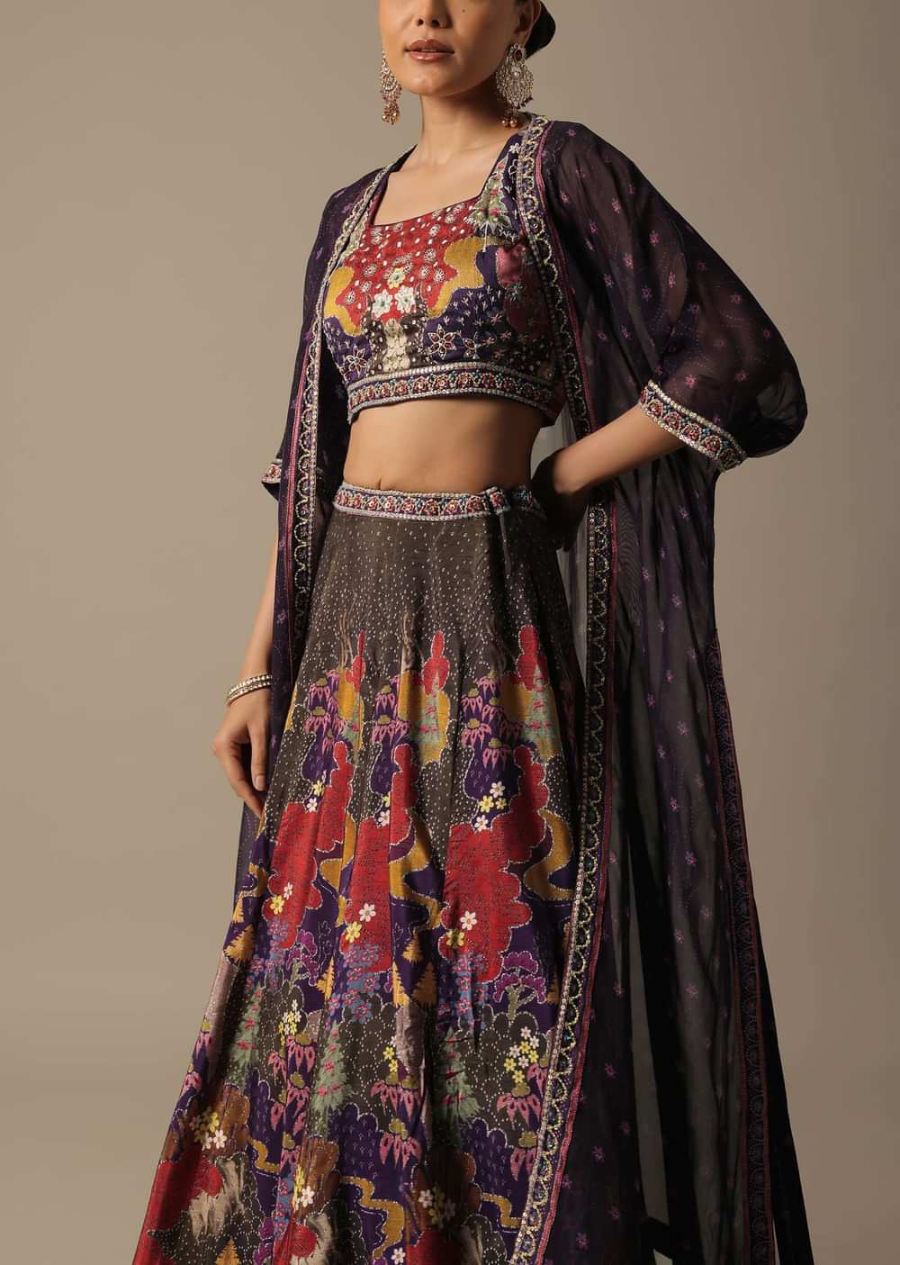 Purple Printed Lehenga Set With Jacket