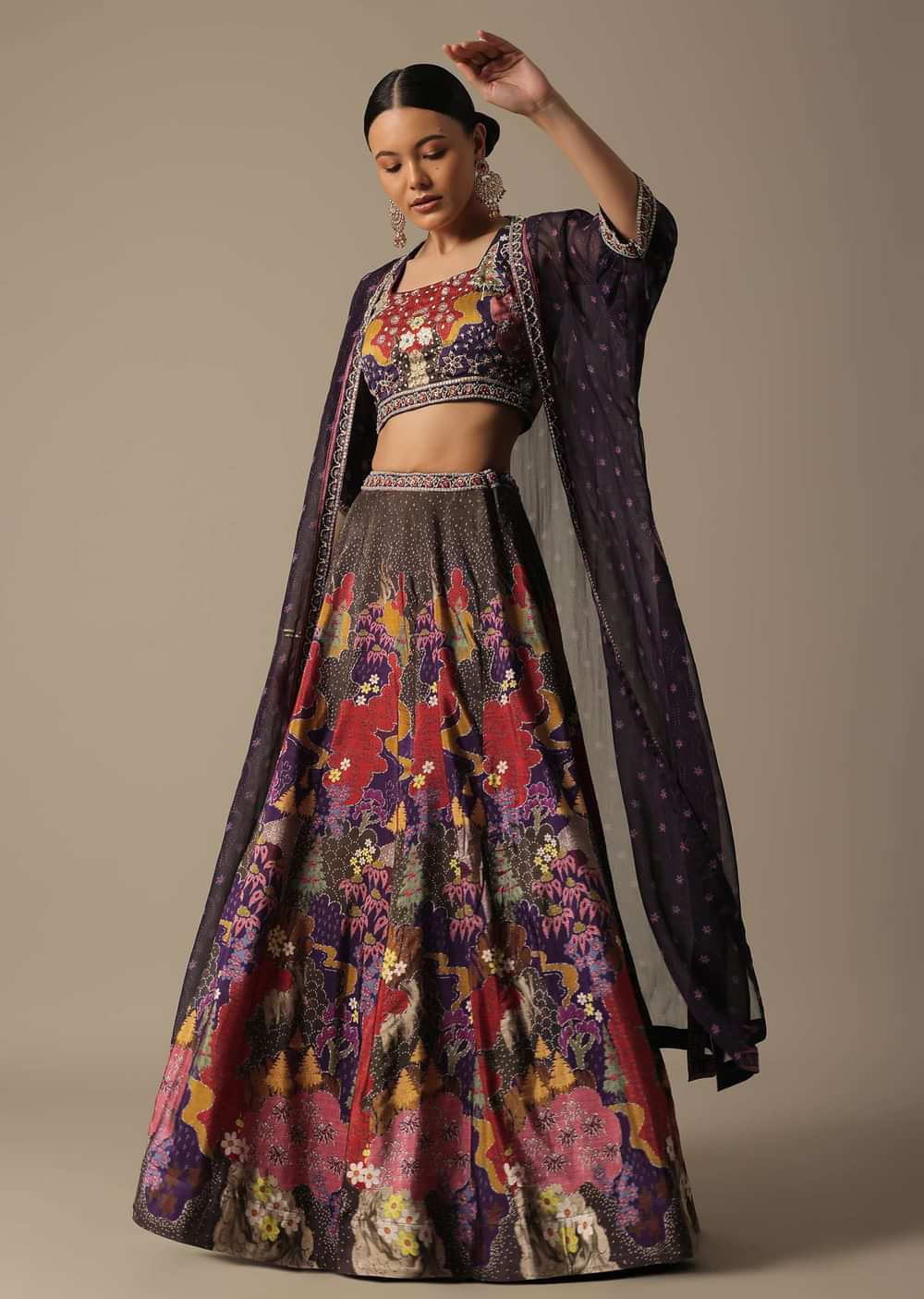 Purple Printed Lehenga Set With Jacket