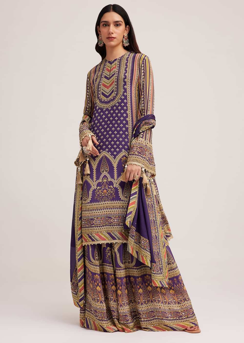 Purple Printed Palazzo Set With Mirror Work