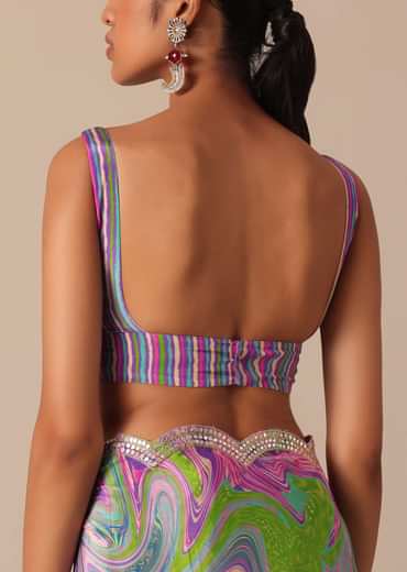 Purple Printed Saree With Mirror Work And Unstitched Blouse Piece