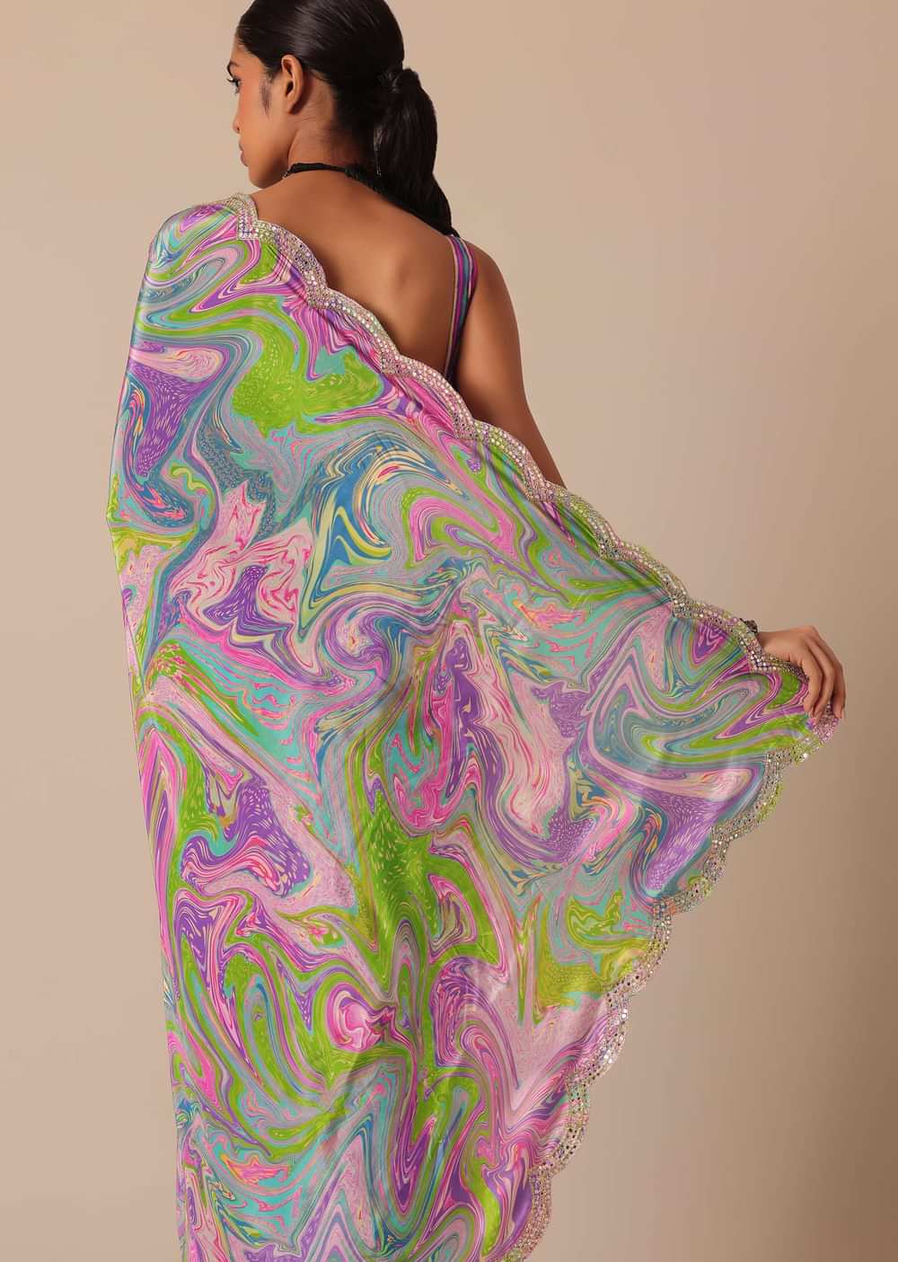 Purple Printed Saree With Mirror Work And Unstitched Blouse Piece