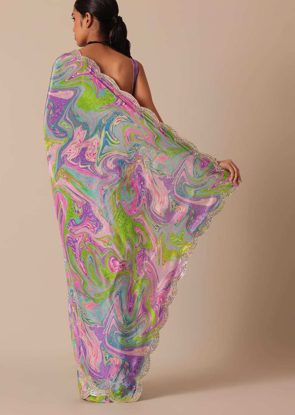 Purple Printed Saree With Mirror Work And Unstitched Blouse Piece