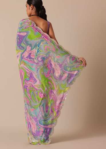 Purple Printed Saree With Mirror Work And Unstitched Blouse Piece
