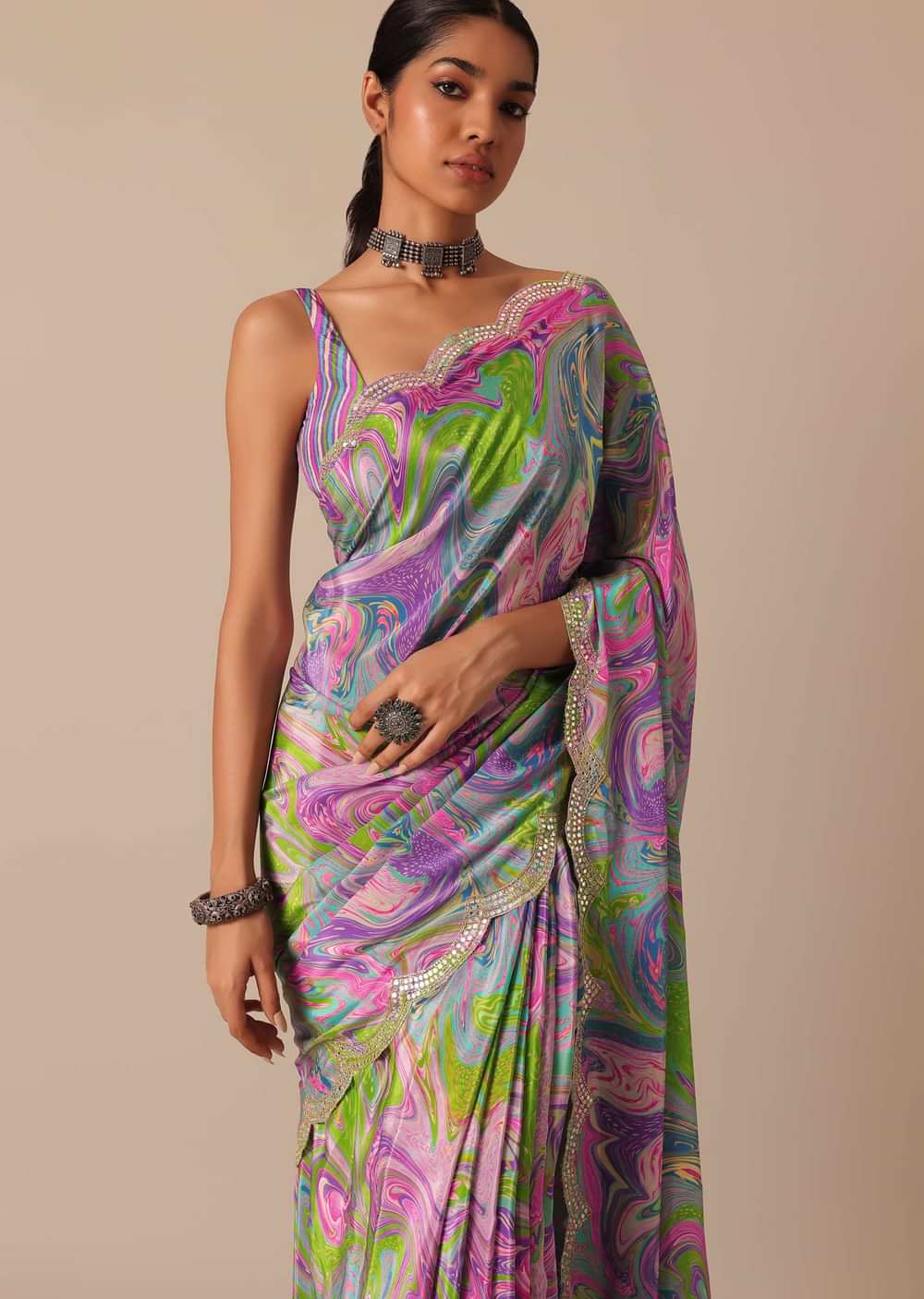 Purple Printed Saree With Mirror Work And Unstitched Blouse Piece