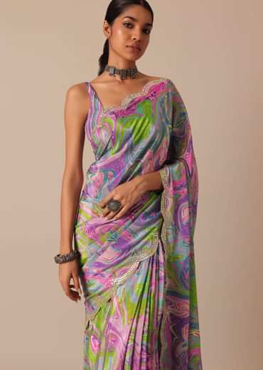 Purple Printed Saree With Mirror Work And Unstitched Blouse Piece