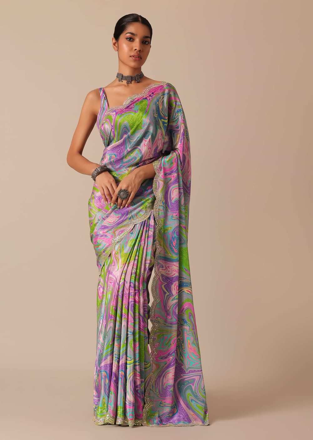 Purple Printed Saree With Mirror Work And Unstitched Blouse Piece