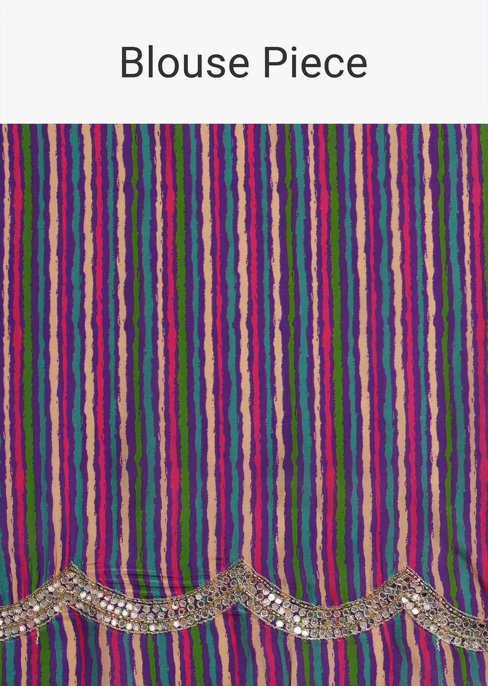 Purple Printed Saree With Mirror Work And Unstitched Blouse Piece