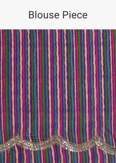 Purple Printed Saree With Mirror Work And Unstitched Blouse Piece