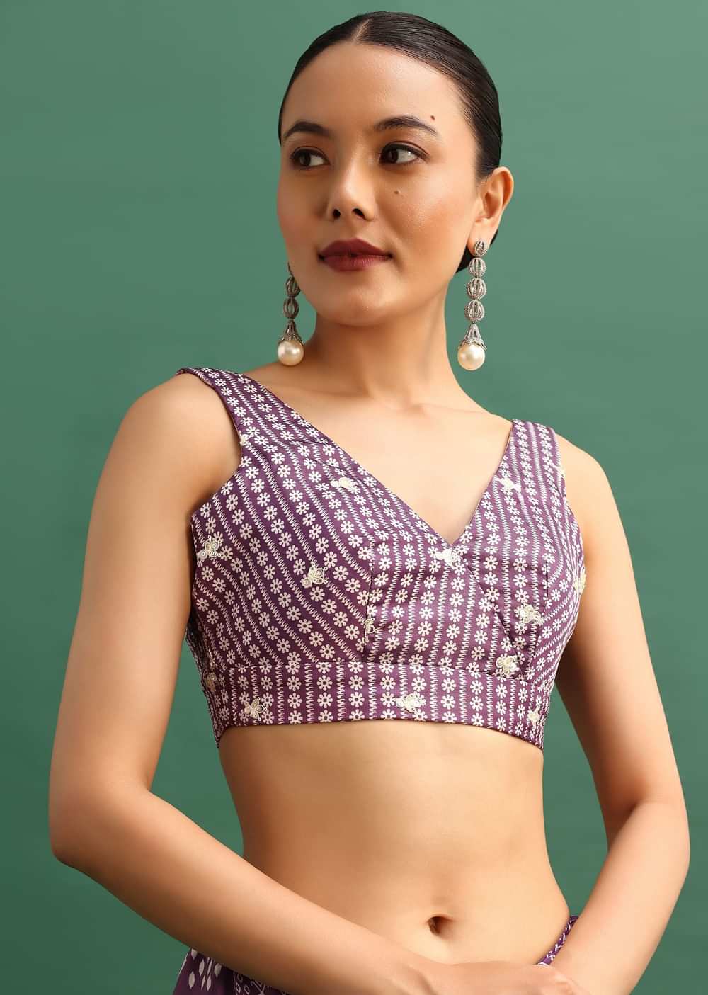 Purple Printed Satin Saree With Sequins Embroidered Border And Unstitched Blouse
