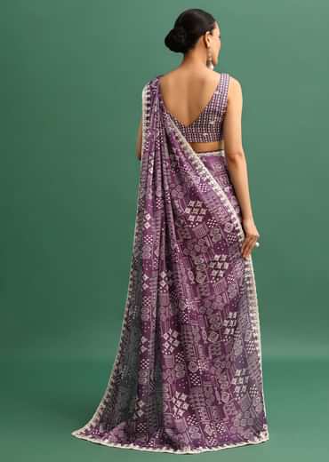 Purple Printed Satin Saree With Sequins Embroidered Border And Unstitched Blouse