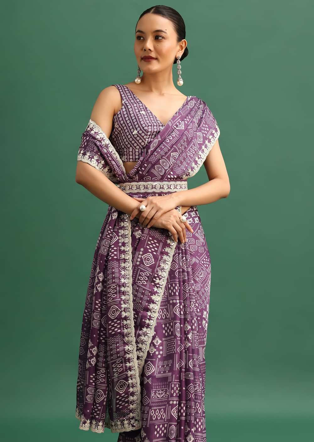 Purple Printed Satin Saree With Sequins Embroidered Border And Unstitched Blouse