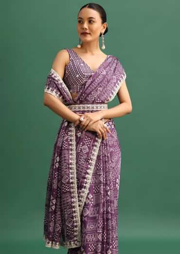 Purple Printed Satin Saree With Sequins Embroidered Border And Unstitched Blouse