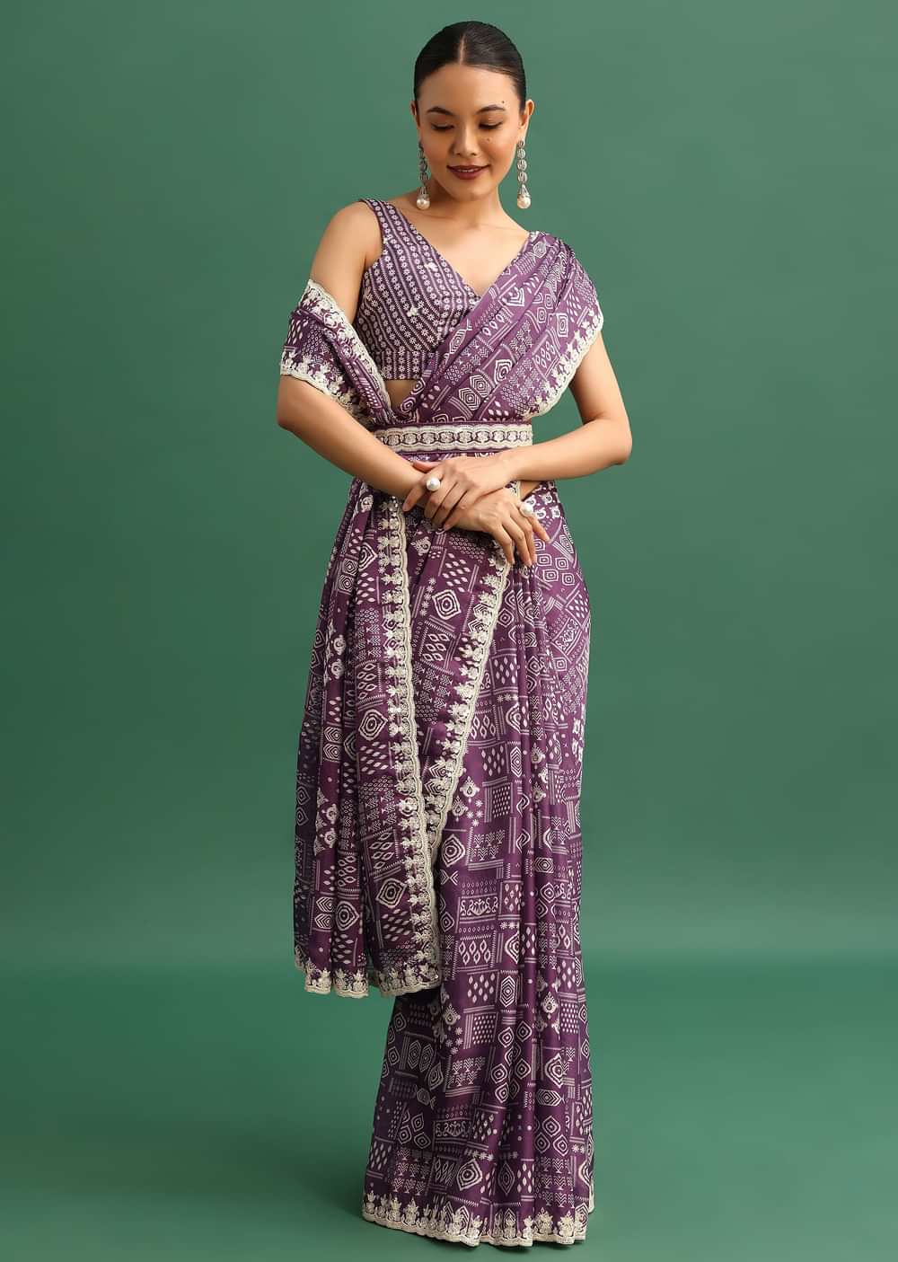 Purple Printed Satin Saree With Sequins Embroidered Border And Unstitched Blouse