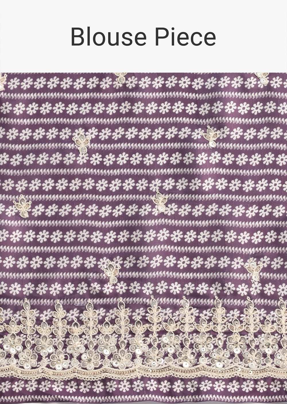 Purple Printed Satin Saree With Sequins Embroidered Border And Unstitched Blouse