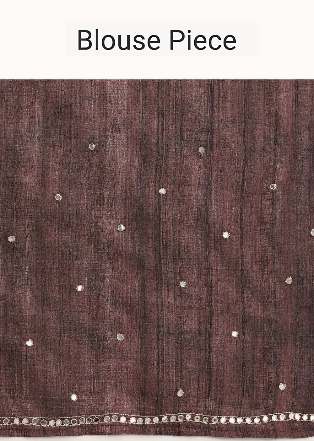 Purple Printed Tussar Silk Saree With Mirror Work And Unstitched Blouse