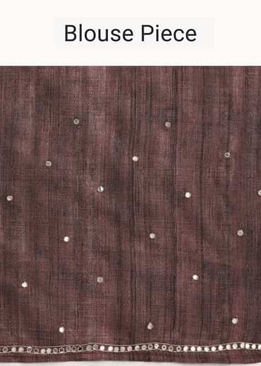 Purple Printed Tussar Silk Saree With Mirror Work And Unstitched Blouse