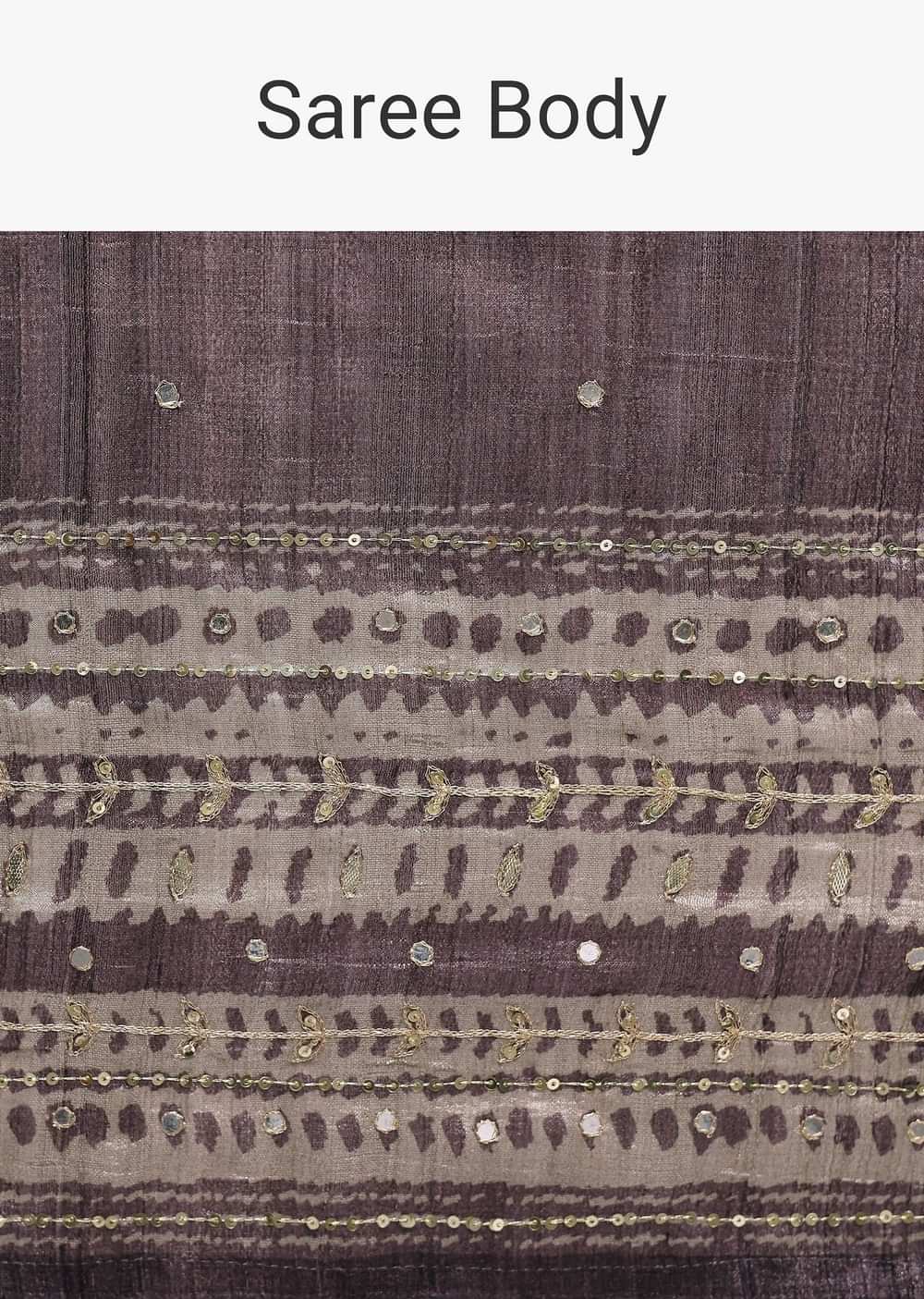 Purple Printed Tussar Silk Saree With Mirror Work And Unstitched Blouse